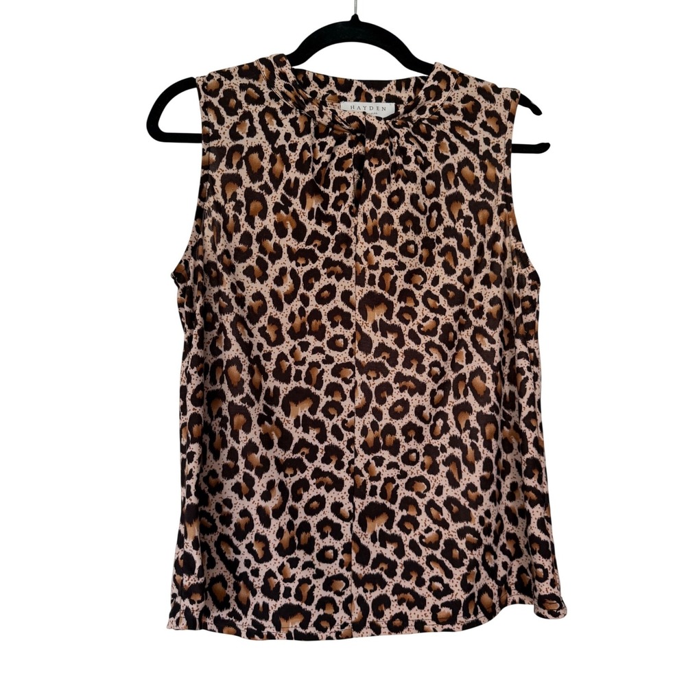 Hayden Los Angeles Leopard Print Mock Neck Sleeveless Blouse Brown Small